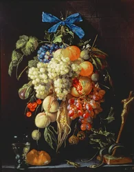 Vruchtenboeket met eucharistische symbolen op een richel eronder