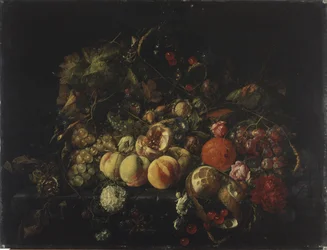 Stilleven met bloemen en fruit