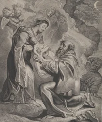 De Visie van Sint Franciscus, knielend rechts, ontvangt het Christuskind van de Maagd
