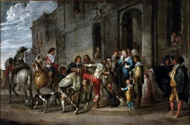Bijbelse gelijkenis: “Het vertrek van de verloren zoon”. Schilderij van Cornelis de Wael (1592-1667), Vlaamse school, 1630-1639. Afmetingen 57 x 86 cm. Genua, privécollectie