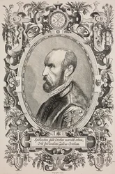 Portret van Abraham Ortelius (1528-1598), gravure door Cornelius Galle de Oudere (1576-1650) uit L