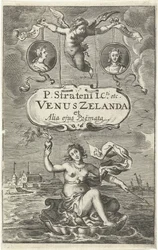 Venus op schelp met brandend hart en pijl drijft voor kust van Zeeland, daarboven twee medaillons met portretten van Cloës en Blondae en cartouche met titel vastgehouden door Amor