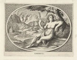 Vrouwelijke personificatie van werelddeel Amerika als vrouw met hoofdtooi van veren en pijl in landschap