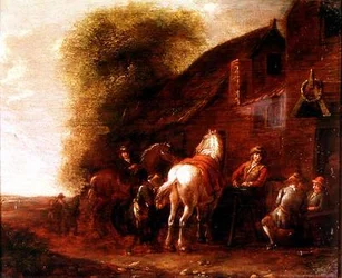 Ruiters buiten een dorpsherberg