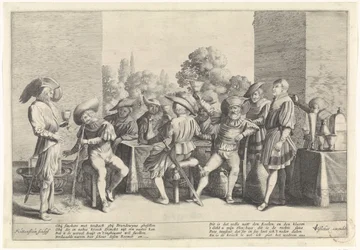 Edellieden rond een rijk gedekte tafel