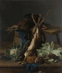 Stilleven met haas en zwarte haan