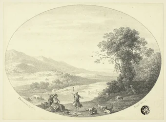 Italiaans landschap met danser, muzikanten en geiten