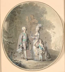 Gustav III, koningin Sophie Magdalene en kroonprins Gustav Adolph wandelend in het Hagapark