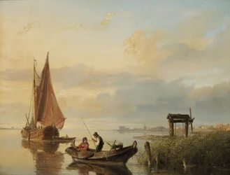 Vissersboten bij zonsondergang