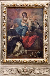 Kerk van de SS Salvatore, interieur, Altaar van de Rozenkrans, Onze-Lieve-Vrouw van de Rozenkrans, Canvas door Corrado Giaquinto (1703-1766), Poggiardo, Lecce, Puglia (foto)