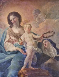Kerk van de SS Salvatore, interieur, Altaar van de Rozenkrans, Onze-Lieve-Vrouw van de Rozenkrans, Canvas door Corrado Giaquinto (1703-1766), detail, Poggiardo, Lecce, Puglia (foto)