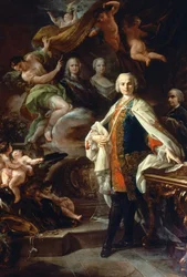 De Italiaanse castraat Carlo Farinelli (Carlo Broschi, genaamd; 1705 - 1782), aan het hof van Filips II van Spanje, gekleed in de witte mantel van de Orde van Calatrava. Schilderij door Corrado Giaquinto (1703-1766), Civico Museo Bibliografico Musicale, Bo