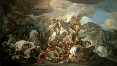 De legendarische slag bij Clavijo, waarin de Asturische koning Ramiro I (791-850) de moslims met hulp van de apostel Jakobus in 845 versloeg, schets naar het schilderij in de koepel van het Koninklijk Paleis in Madrid