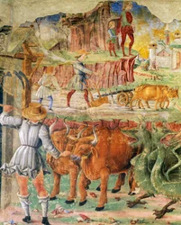 Agrarisch beeld, detail (Triomf van Ceres, scène uit de maand augustus, ca. 1470, toegeschreven aan Cosimo Tura en Meester van Ercole, fresco, noordmuur, Hal van de Maanden, Palazzo Schifanoia, Ferrara, Emilia-Romagna, Italië)