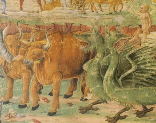 Draken en beelden van het landelijke leven, detail van Triomf van Ceres, scène uit Maand Augustus, toegeschreven aan Cosimo Tura (circa 1430-1495) en Meester van Ercole, fresco, noordmuur, Hal van de Maanden, Palazzo Schifanoia (Paleis van Vreugde), Ferrar