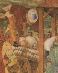 Koopman aan het werk, detail van Triomf van Ceres, scène uit Maand Augustus, toegeschreven aan Cosimo Tura