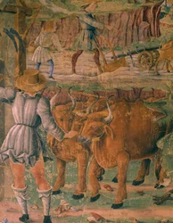 Afbeeldingen van het plattelandsleven, detail van Triomf van Ceres, scène uit Maand Augustus, toegeschreven aan Cosimo Tura en Meester van Ercole