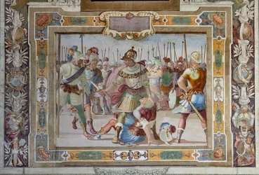 Gevechtsscène, uit de Akten van Godfried van Bouillon bij de inname van Jeruzalem, ca.1589-94 (fresco)