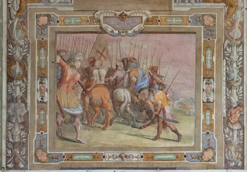 Gevechtsscène uit de Akten van Godfried van Bouillon bij de inname van Jeruzalem, ca.1589-94 (fresco)