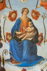 Madonna met Kind in glorie, Sint Ambrosius, Sint Franciscus van Assisi, God de Vader en engelen, Altaarstuk, detail (fresco)