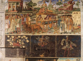 Triomf van Jupiter en Cybele en Teken van Leeuw, scènes uit Maand juli, fresco, noordmuur, Hal van de Maanden, Palazzo Schifanoia (Paleis van Vreugde), Ferrara, Italië, circa 1470