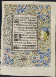Blad uit een getijdenboek: Engel die een duivel achtervolgt recto, ca. 1460