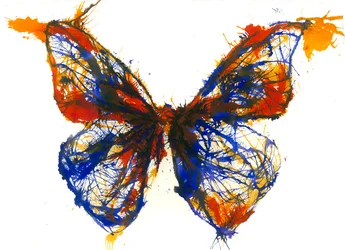 Blauwe en oranje vlinder, 2021 (acrylinkt op katoenlompenpapier)