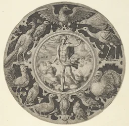 Aer in een decoratieve rand met vogels, uit een serie cirkelvormige ontwerpen met de F...