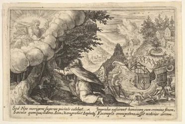 Noach knielt voor God links, de bouw van de ark is verderop bezig, uit een serie, 1612