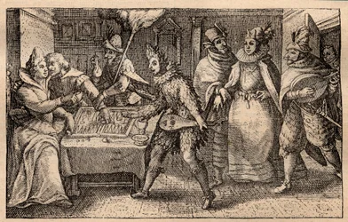 Een backgammonpartij met rondtrekkende spelers - Nederlandse kopergravure; uit een set prenten, Hortus Voluptatem, door Crispin de Passe (1550-1643) - Een koppel dat backgammon speelt, verrast door vijf gemaskerde mannen gravure door Crispin de Passe de Ou