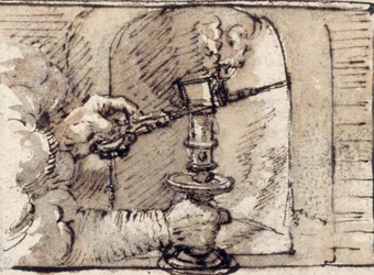 Een paar handen uit een wolk, een kaars in een kandelaar uitblazend (pen & bruine inkt met bruine was op papier)