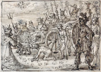 Triomfantelijke intocht van de Indiase Bacchus in Thebe (pen & bruine inkt met bruine was op papier)