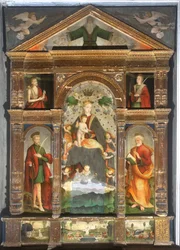 Gekroonde Madonna en Kind met Engelen, Sint Paulus, Sint Petrus