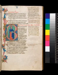 Ms 325. Lucan, Bellum Civile, en andere werken, f.10r. Verlichte initiaal [B], bewoond door een portret van een auteur op ware grootte, uitlopend in een gedeeltelijke bladerrand, c.1400-10 (perkament)