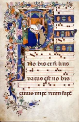 De besnijdenis van Christus in een lettrine P. Partitie (Koorboek) van de 15e eeuw door Cristoforo Cortese (eerste helft van de 15e eeuw). Biblioteca Brera, Milaan