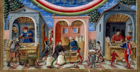Detail van handelaren die verschillende artikelen verkopen: links een handelaar in fruit en groenten, in het midden een molenaar die graan vormt (detail)