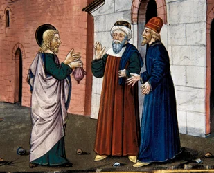 Judas gaat naar de priester en bekent zijn verraad aan Christus, uit de Leggendario Sforza-Savoia