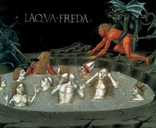 Voorstelling van een cirkel van de onderwereld: verdoemden in koud water. Miniatuur door Cristoforo De Predis (1440-1486) uit de Geschiedenis van het Nieuwe Testament