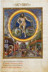 Saturnus met de sterrenbeelden Waterman en Steenbok. De spelscènes en hun invloed op mensen. (miniatuur, ca. 1470)