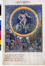 Saturnus met sterrenbeelden van waterman en steenbok. Beneden, de spelscènes en de invloed ervan op mensen. Miniatuur gemaakt door Cristoforo de Predis (ca. 1440-ca. 1486) - in 