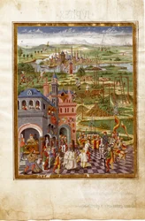 Tafereel van foltering en veroordelingen in een middeleeuwse stad. Invloeden van Saturnus (miniatuur, ca. 1470)