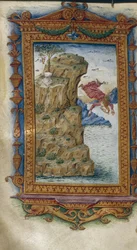 Sappho werpt zichzelf in zee Illustratie voor De Heroides van Ovidius, 1485-1499
