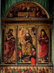 Drieluik van het mystieke huwelijk van St. Catharina, omringd door de heiligen Johannes de Doper en Johannes de Evangelist
