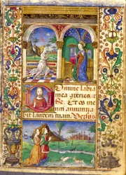 Annunciatie, getijdenboek van Borromeo, met Giovanni III Borromeo en zijn vrouw Cleofa Pio da Carpi tijdens het gebed.