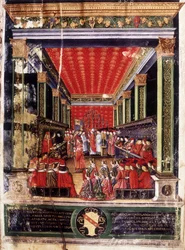 Inhuldiging van Ludovico Maria Sforza, bijgenaamd il Moro (1452-1508) - miniatuur uit het missaal van kardinaal Arcimboldi, vervaardigd door de beroemde miniaturist Cristoforo de Predis. Biblioteca Capitolare, Milaan.