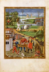 Invloed van de Maan: scène van vissen, jagen en landbouw (miniatuur, ca. 1470)