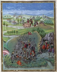 Invloed van de zon: Oorlog. Miniatuur gemaakt door Cristoforo de Predis (v. 1440-v. 1486) - in "De Sphaera" d