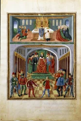 Invloed van de zon: tijdelijke machten (koning voor zijn hovelingen) en geestelijke machten (priester dienend in een kerk). (miniatuur, ca. 1470)