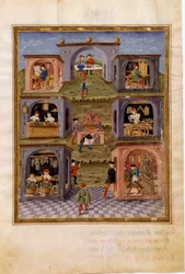 Invloeden van Mercurius: de ambachtslieden. Een kookscène omringd door een maaltijdscène, een kopiist, een horlogemaker, een wapensmid, een orgelbouwer, een beeldhouwer en een schilder van heilige kunst (miniatuur, ca. 1470)