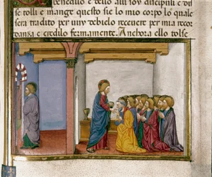 Jezus geeft brood aan de apostel, symbool van zijn lichaam, terwijl Judas weggaat Miniatuur van Cristoforo De Predis (1440-1486) na de Geschiedenis van het Nieuwe Testament